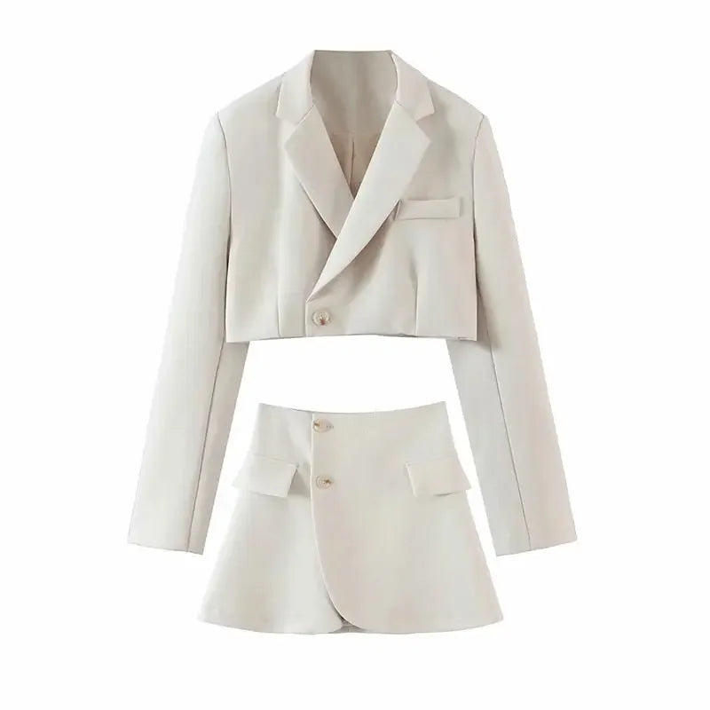 XEASY Women Blazer Clothing Two Piece Set Women Suits With Skirt Female Suit Tweed Long Sleeves Short Skirt Suits Blazer