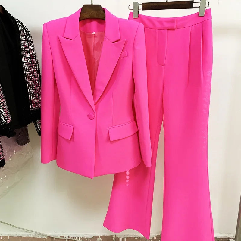 Single Button Flared Pants Blazer + Pants Suit Set