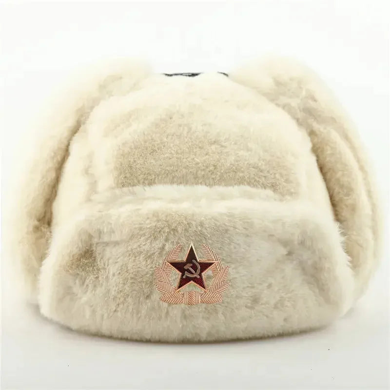 CAMOLAND Women Winter Hats Warm Faux Fur Bomber Hat For Men Soviet Army Military Badge Caps Male Thermal Earflap Cap Russia Hat