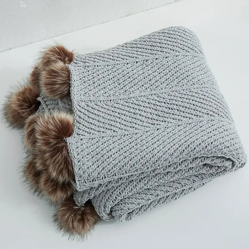 Chunky Knit Chenille Blanket With Pompoms