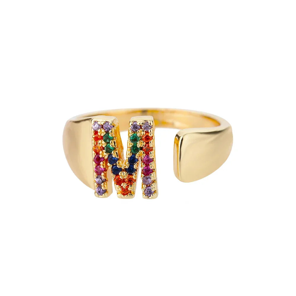 Rainbow Zircon Letter Rings For Women Fashion Chunky Wide Letter A-Z Stainless Steel Ring Wedding Boho Jewelry Gift 2024