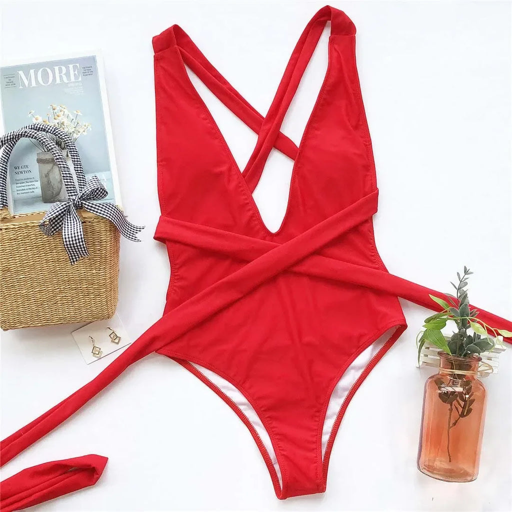 New Sexy Long Wrap Around Deep V One Piece Swimsuit Women Swimwear Female High Cut Monokini Bather Bathing Suit Swim Lady V1639W