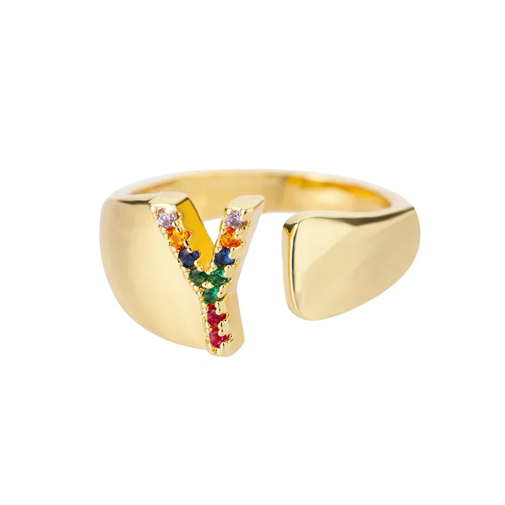 Rainbow Zircon Letter Rings For Women Fashion Chunky Wide Letter A-Z Stainless Steel Ring Wedding Boho Jewelry Gift 2024
