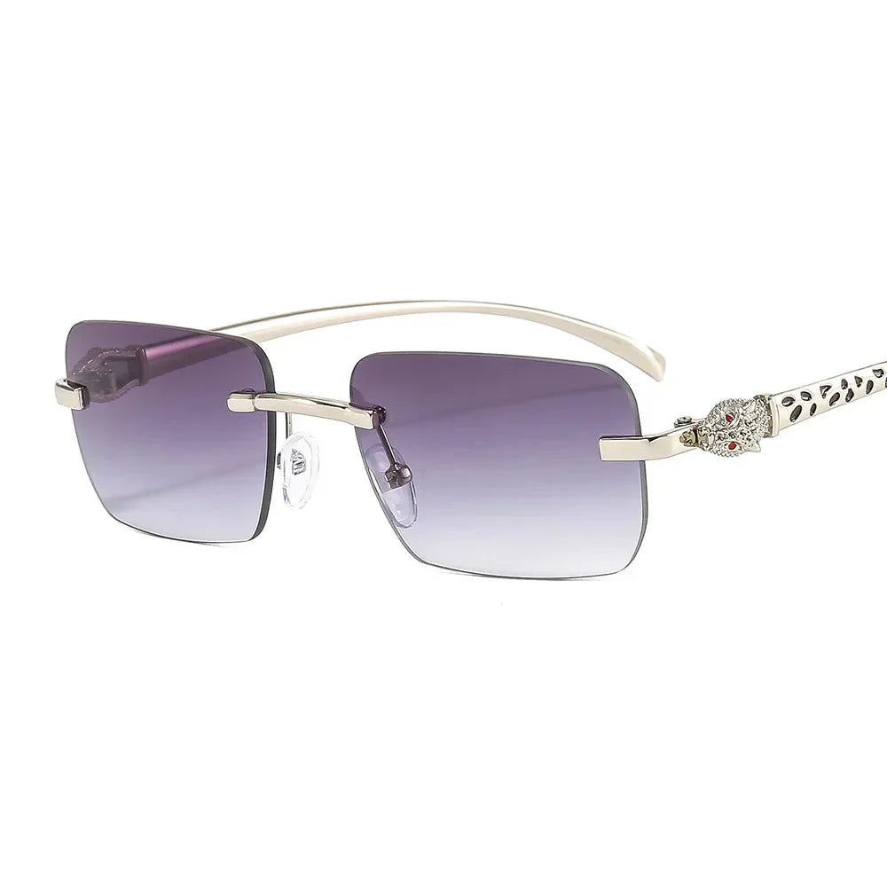 Vintage Fashion Rimless Small Square Sunglasses Women Men Luxury Brand Designer Travel Driving Metal Leopard Head Sun Glasses