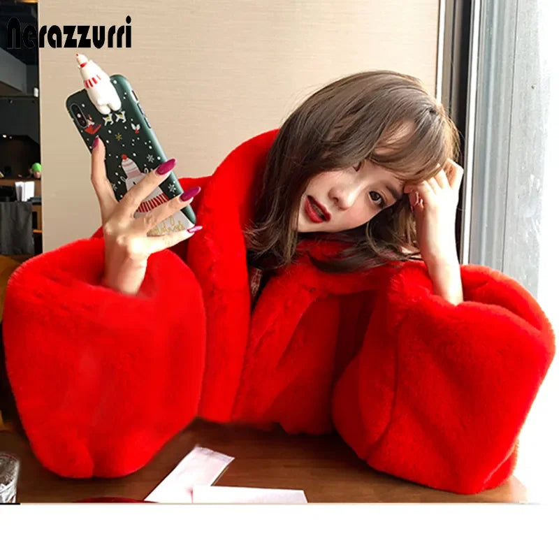 Nerazzurri Oversized Red Thick Warm Soft Fluffy Faux Fur Coat Women 2022 Raglan Seeve Stylish Thick Long Fur Coats for Winter