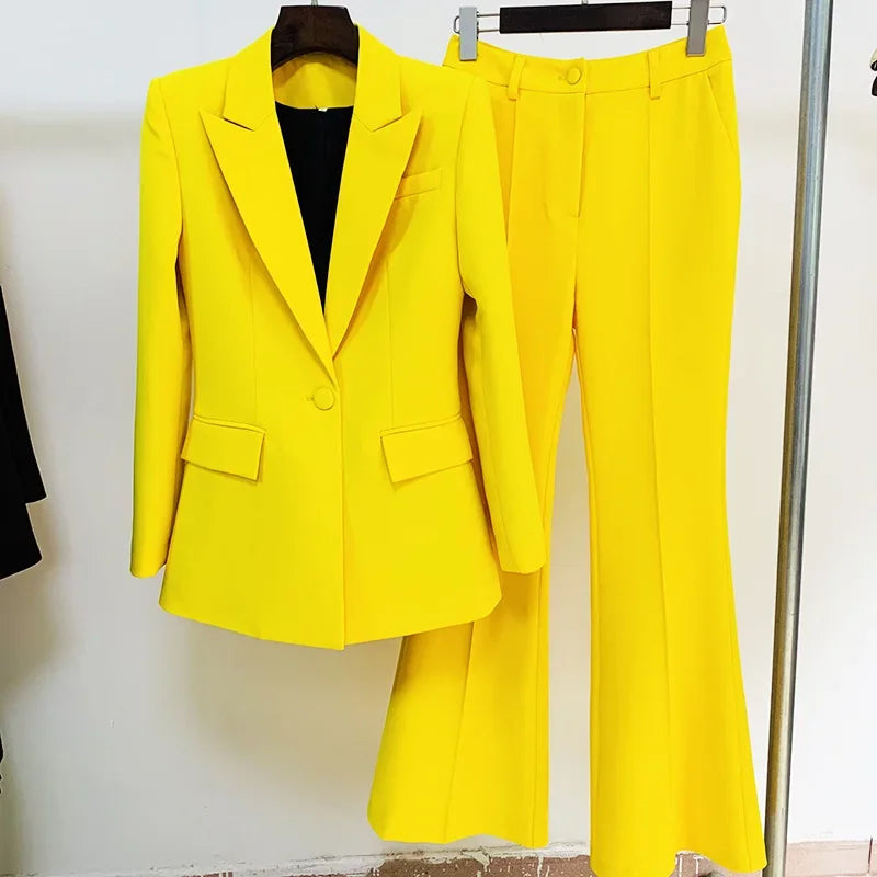 Single Button Flared Pants Blazer + Pants Suit Set