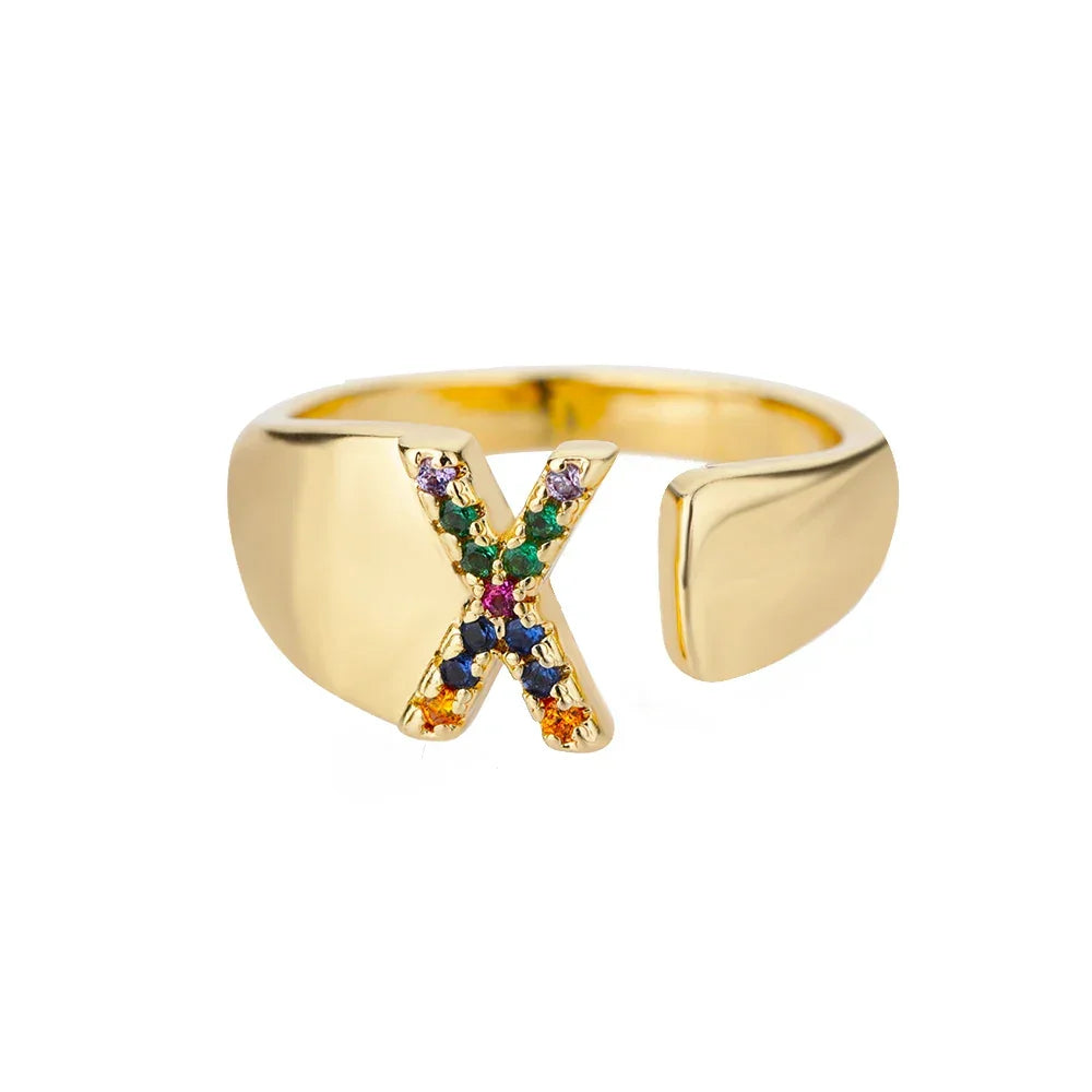 Rainbow Zircon Letter Rings For Women Fashion Chunky Wide Letter A-Z Stainless Steel Ring Wedding Boho Jewelry Gift 2024