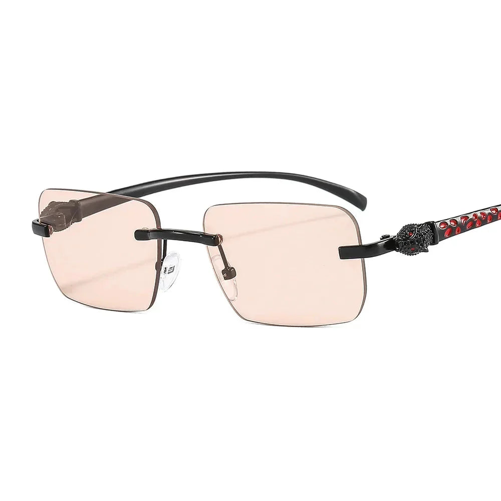 Vintage Fashion Rimless Small Square Sunglasses Women Men Luxury Brand Designer Travel Driving Metal Leopard Head Sun Glasses