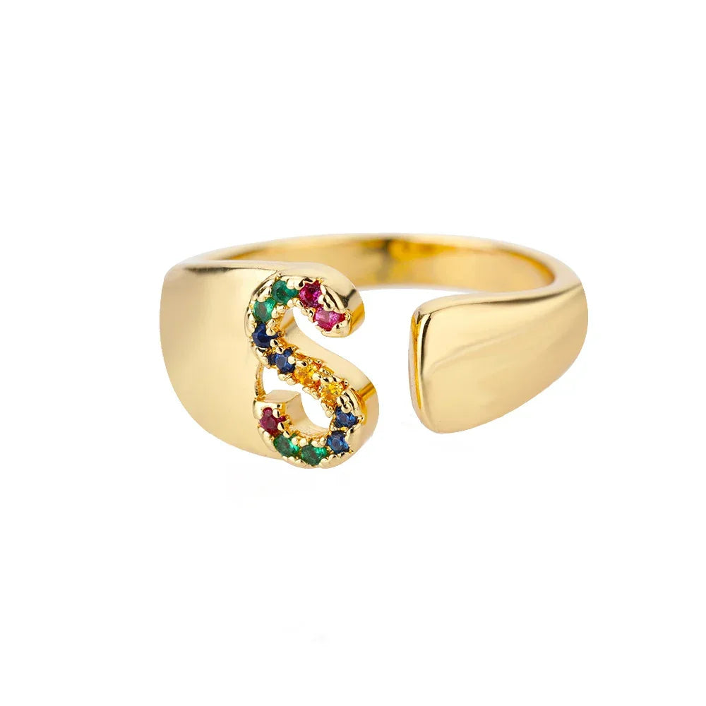 Rainbow Zircon Letter Rings For Women Fashion Chunky Wide Letter A-Z Stainless Steel Ring Wedding Boho Jewelry Gift 2024