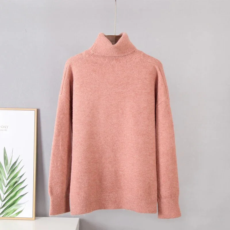 Hirsionsan turtle Neck Solid Cashmere Sweater Women Elegant Soft Warm Female Knitted Pullovers Basic Loose female Jumper