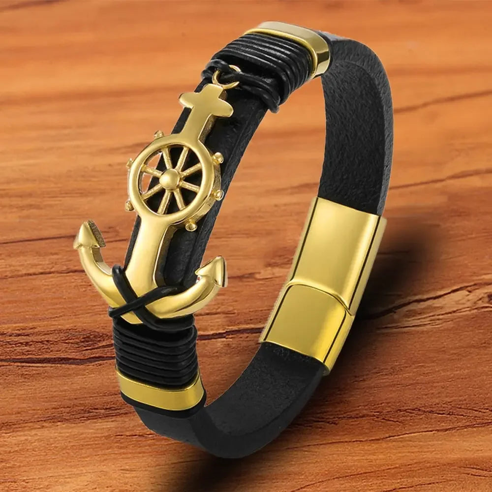 TYO Trendy Charm Woven Stainless Steel Magnet Rope Leather Anchor Bracelets Men Black Bangle Luxury Rock Hip Hop  Jewelry