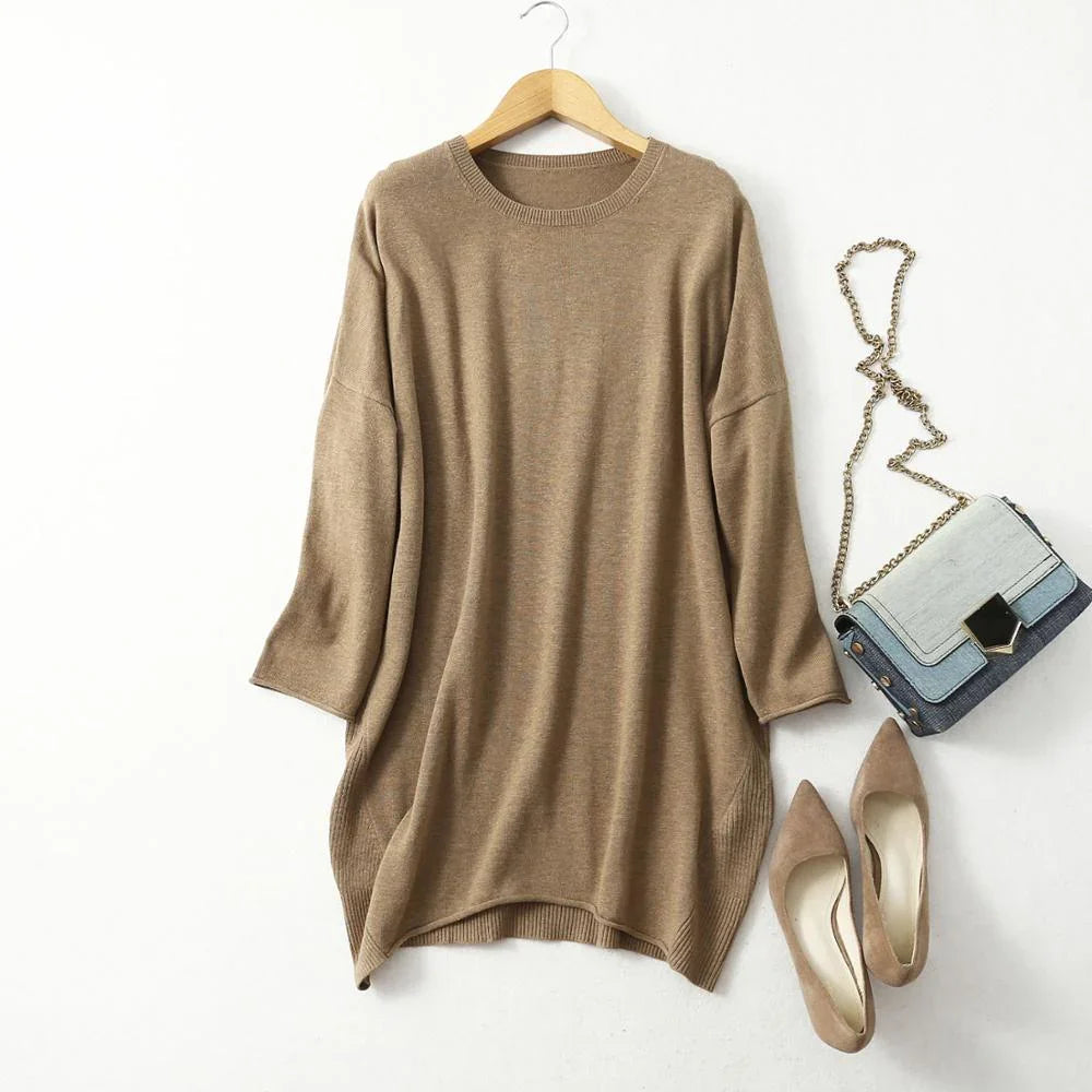 Women's 85% Silk 15% Cashmere Crew Neck Long Loose Type Pullover Top Sweater Dress LY001