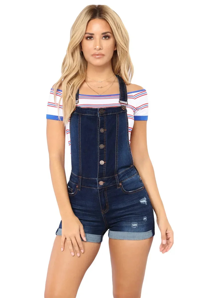 Short Denim Overalls Women Hole  Jumpsuit High Waist Casual Jeans Playsuit Washed Salopette Straps 2019 Summer  Romper