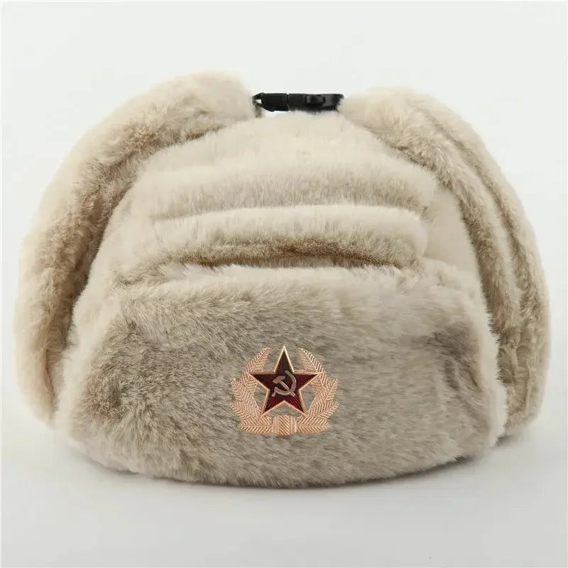 CAMOLAND Women Winter Hats Warm Faux Fur Bomber Hat For Men Soviet Army Military Badge Caps Male Thermal Earflap Cap Russia Hat