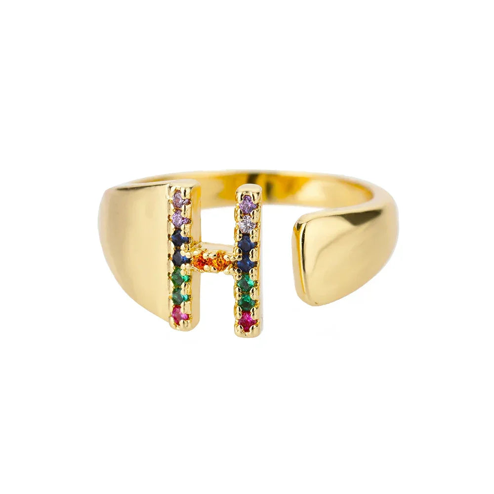 Rainbow Zircon Letter Rings For Women Fashion Chunky Wide Letter A-Z Stainless Steel Ring Wedding Boho Jewelry Gift 2024