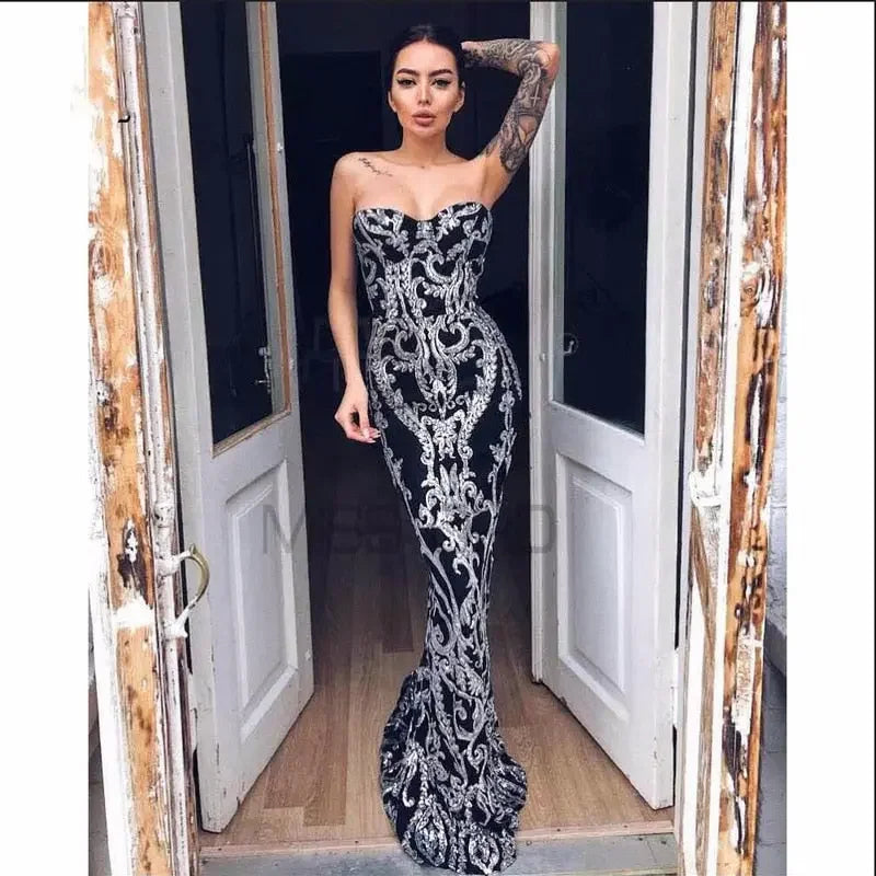 New Years Strapless Sequin Floor Length Party Dress