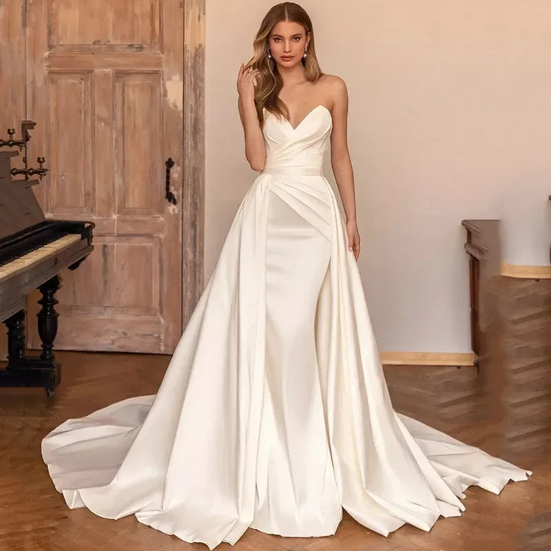 Ivory Satin Detachable Train Mermaid Gown