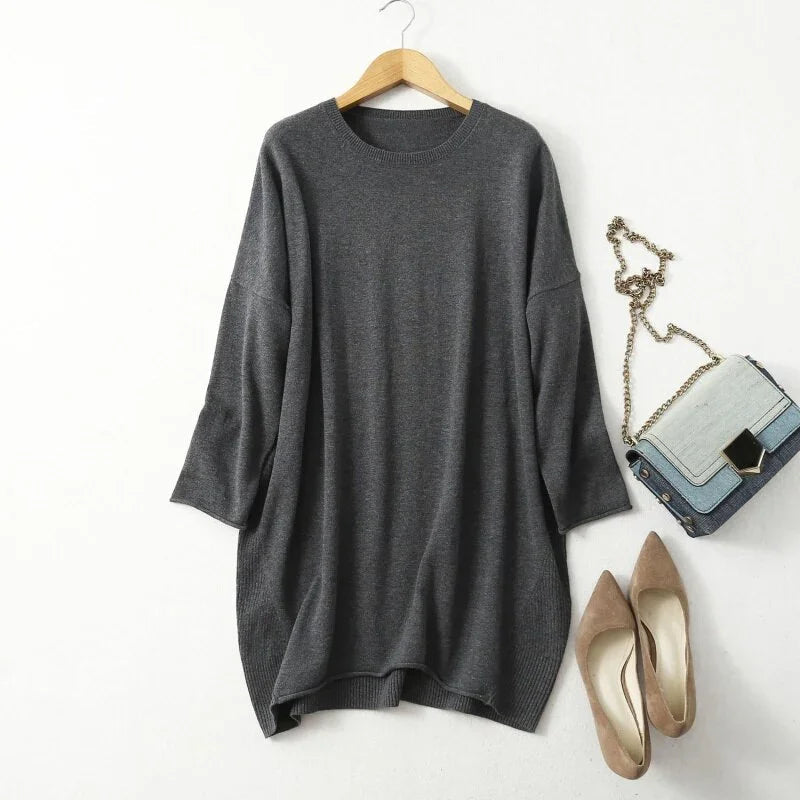 Women's 85% Silk 15% Cashmere Crew Neck Long Loose Type Pullover Top Sweater Dress LY001