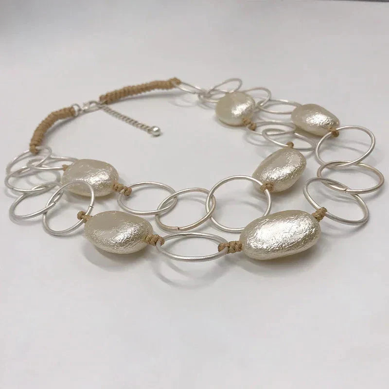 Suekees Boho Fashion Jewelry Gothic Collar Necklace Wax Cord Metal Link Pearl Beads Earthy Collares Necklace Women Accessories