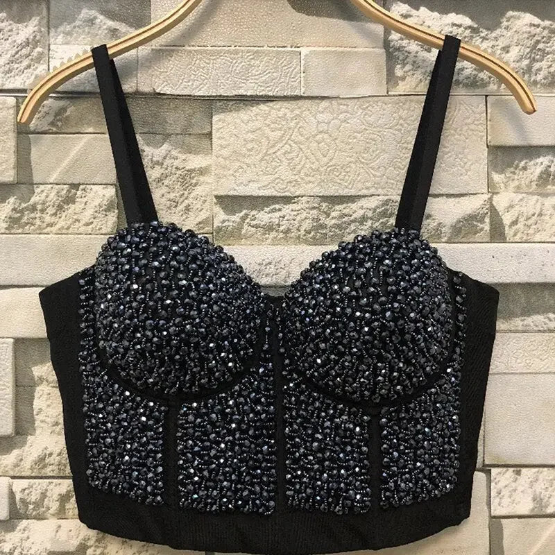 IRENE TINNIE Handmade Shiny Rhinestone Crop Top Shining Tank Top Backless Vest Sexy Bra Party Nightclub  Vest