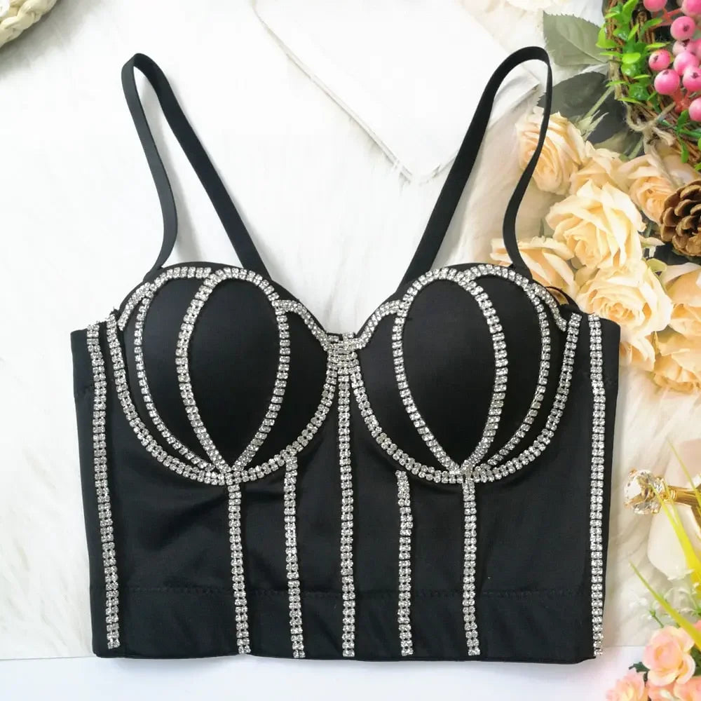 Irene Tinnie Sexy Rhinestone Bustier Corset Push Up Night Club Bralette Women's New Fashion Bra Cropped Top Plus Size Vest