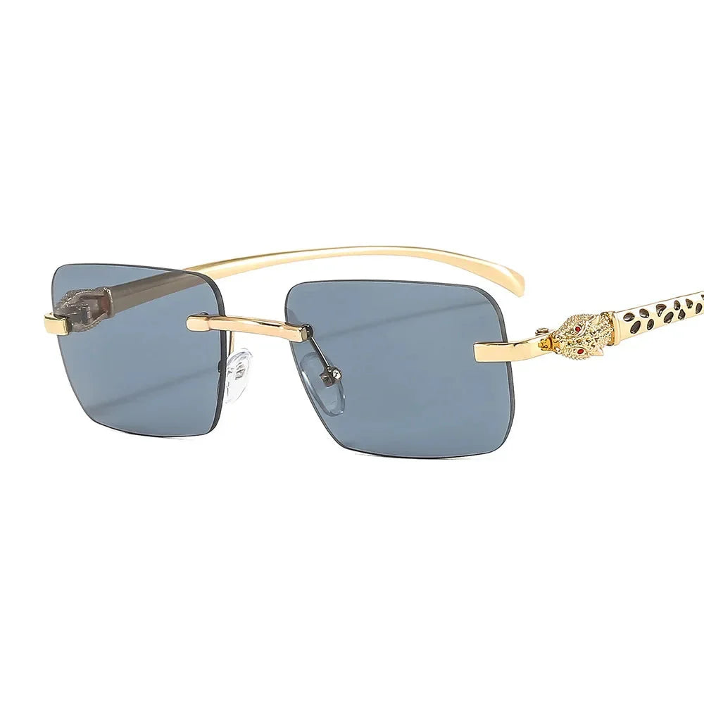 Vintage Fashion Rimless Small Square Sunglasses Women Men Luxury Brand Designer Travel Driving Metal Leopard Head Sun Glasses
