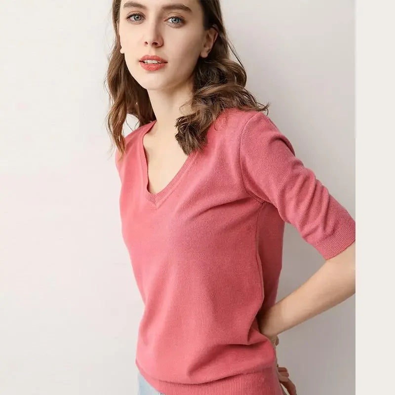 Spring/Summer 2023 Ladies Sweater Pullover Solid Color V-neck Half-sleeved Knitted Cashmere Sweater Thin Casual Top