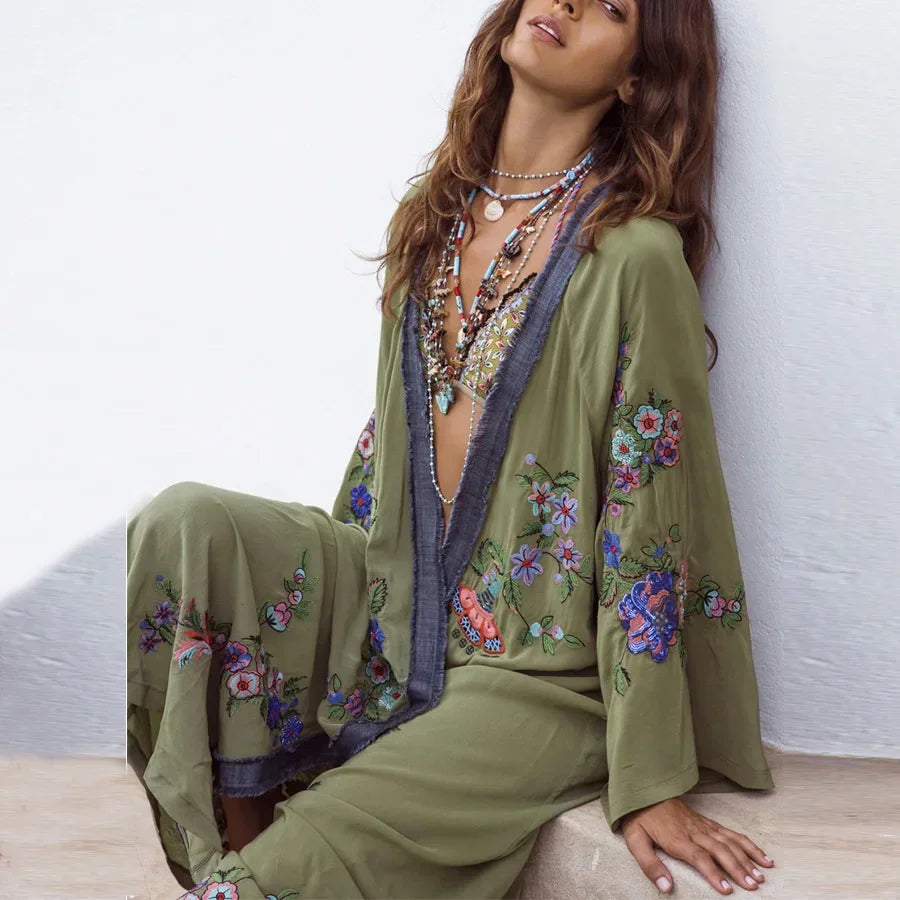 Long Boho Floral Embroidery Beach Kimono