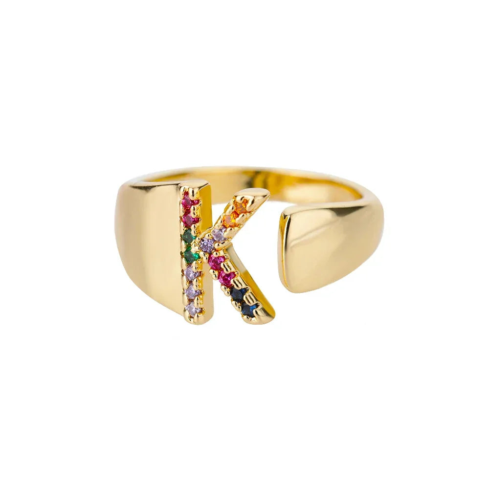 Rainbow Zircon Letter Rings For Women Fashion Chunky Wide Letter A-Z Stainless Steel Ring Wedding Boho Jewelry Gift 2024
