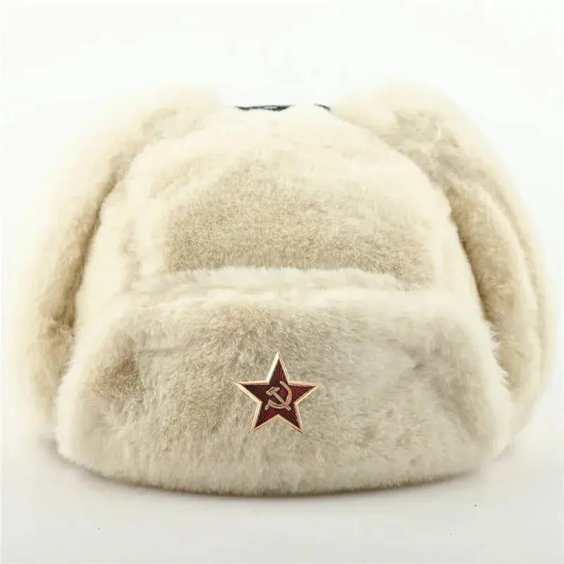 CAMOLAND Women Winter Hats Warm Faux Fur Bomber Hat For Men Soviet Army Military Badge Caps Male Thermal Earflap Cap Russia Hat