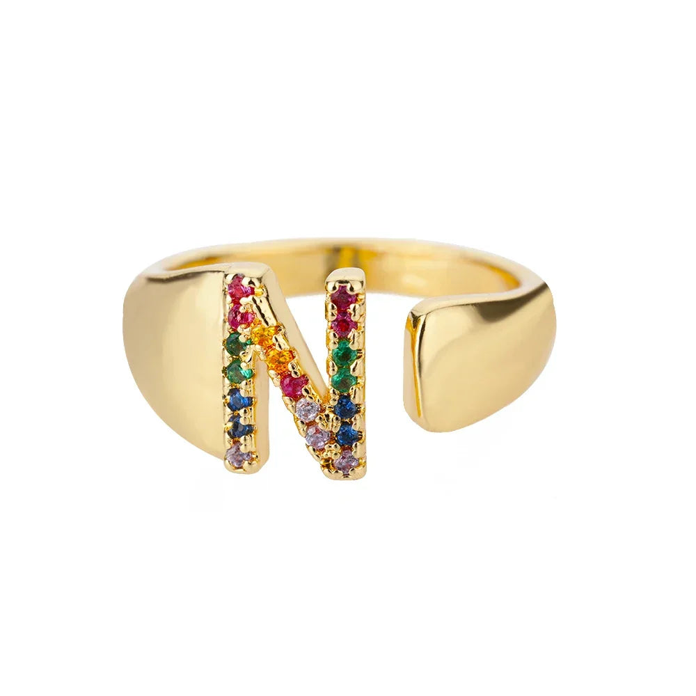 Rainbow Zircon Letter Rings For Women Fashion Chunky Wide Letter A-Z Stainless Steel Ring Wedding Boho Jewelry Gift 2024