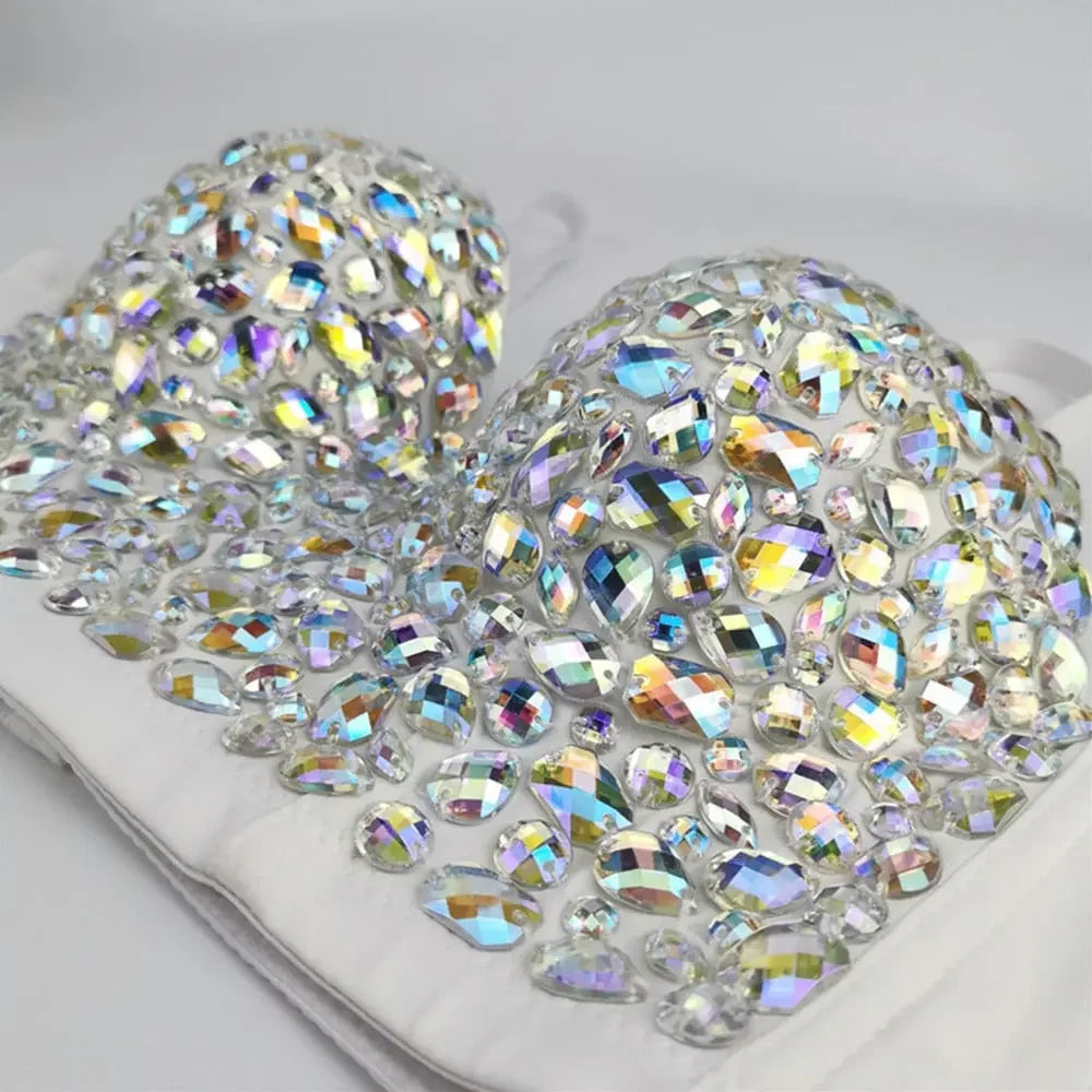 IRENE TINNIE Handmade Shiny Rhinestone Crop Top Shining Tank Top Backless Vest Sexy Bra Party Nightclub  Vest