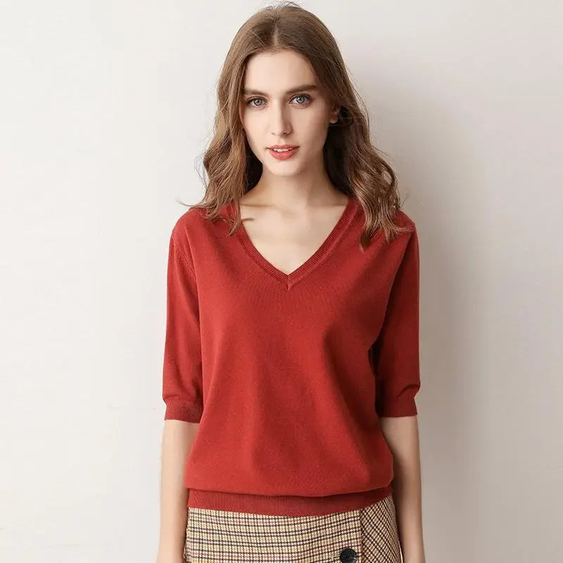 Spring/Summer 2023 Ladies Sweater Pullover Solid Color V-neck Half-sleeved Knitted Cashmere Sweater Thin Casual Top