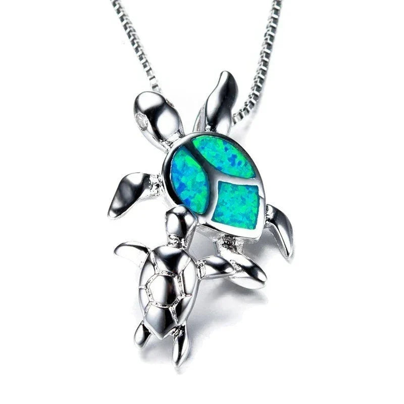 Boho Fashion Sea Animal Dolphin Pendant Necklace for Women Girl Inlay Imitation Blue Opal Necklace Wedding Party Jewelry