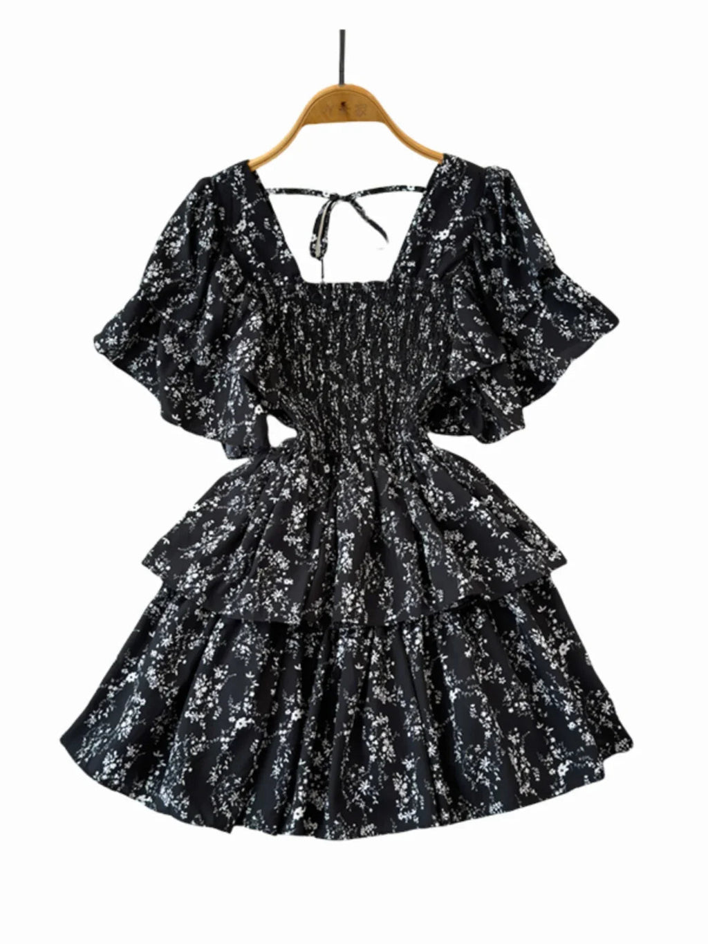 Design Summer Ruffle Sleeve Retro Pleated Floral Skirt