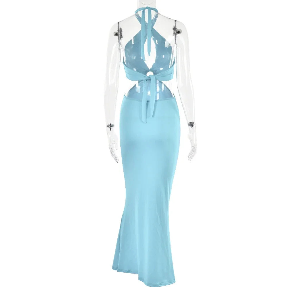 Splice Neck Strap Open Back Long Skirt Halter Strap Backless Dress