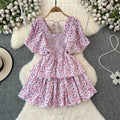 Design Summer Ruffle Sleeve Retro Pleated Floral Skirt