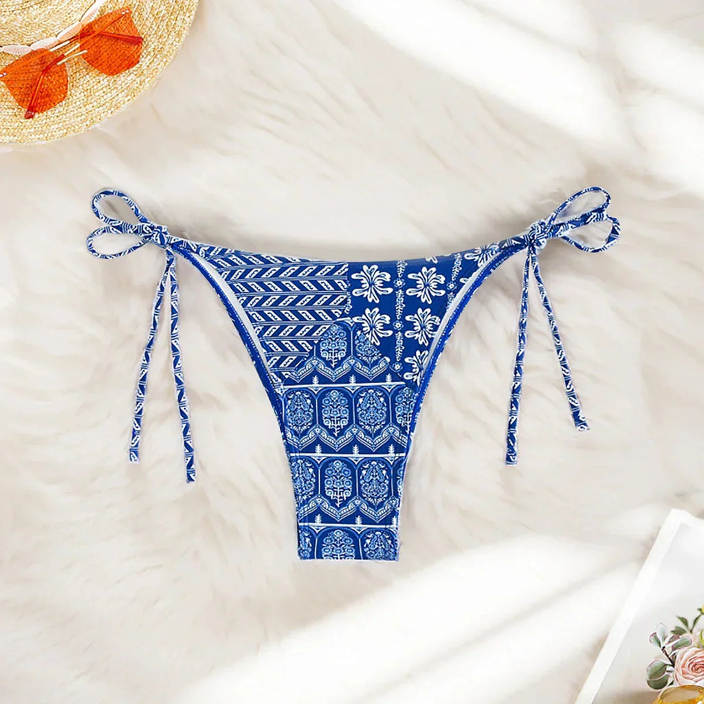 Bohemian Print Swimwear Low-waist Female Beach Set Tie Straps Women Swimming Suit Triangle Bra with Pad