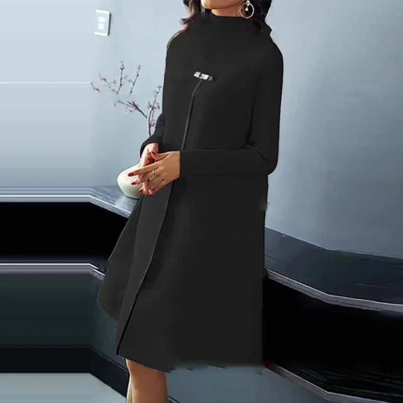 New Autumn Winter Women Long Sleeved High Split Design Dress Female Flower Printed Loose A-Line Dress Lady Half Turtleneck Dress