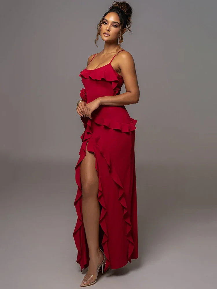 LUX Red Ruffle Slit Maxi Dress