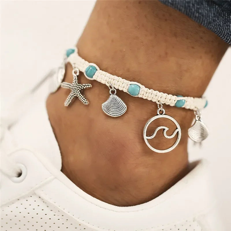 Modyle Vintage Silver Color Beads Starfish Anklets For Women Handmade Beaded Ankle Bracelet Summer Beach Foot Jewelry