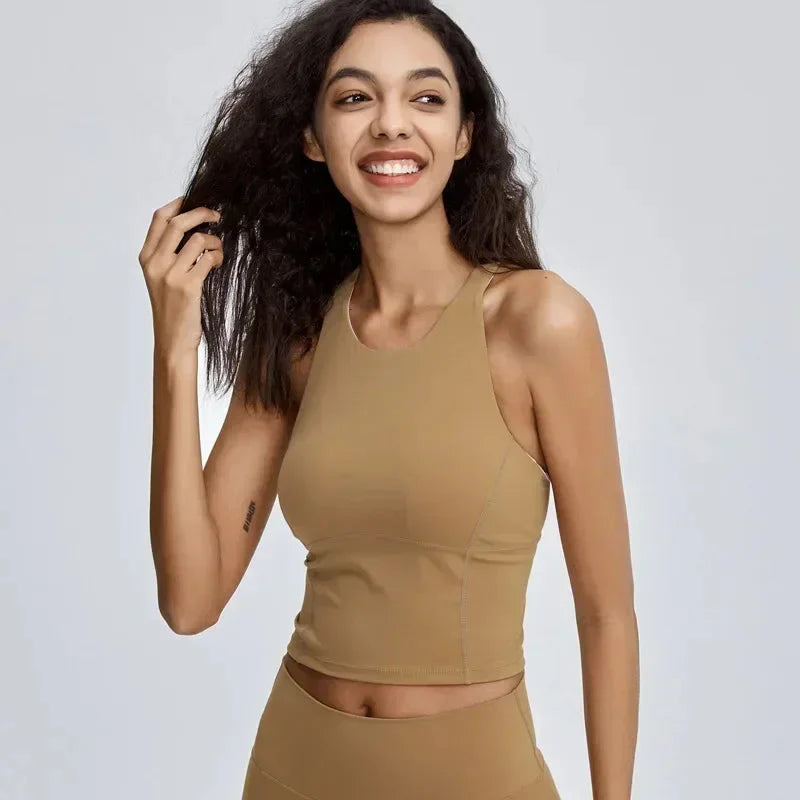 Women Shock Proof Running Fitness Crop Top Seamless Top Padded Workout Yoga Tanks Comfy Cross Back Wide Strap