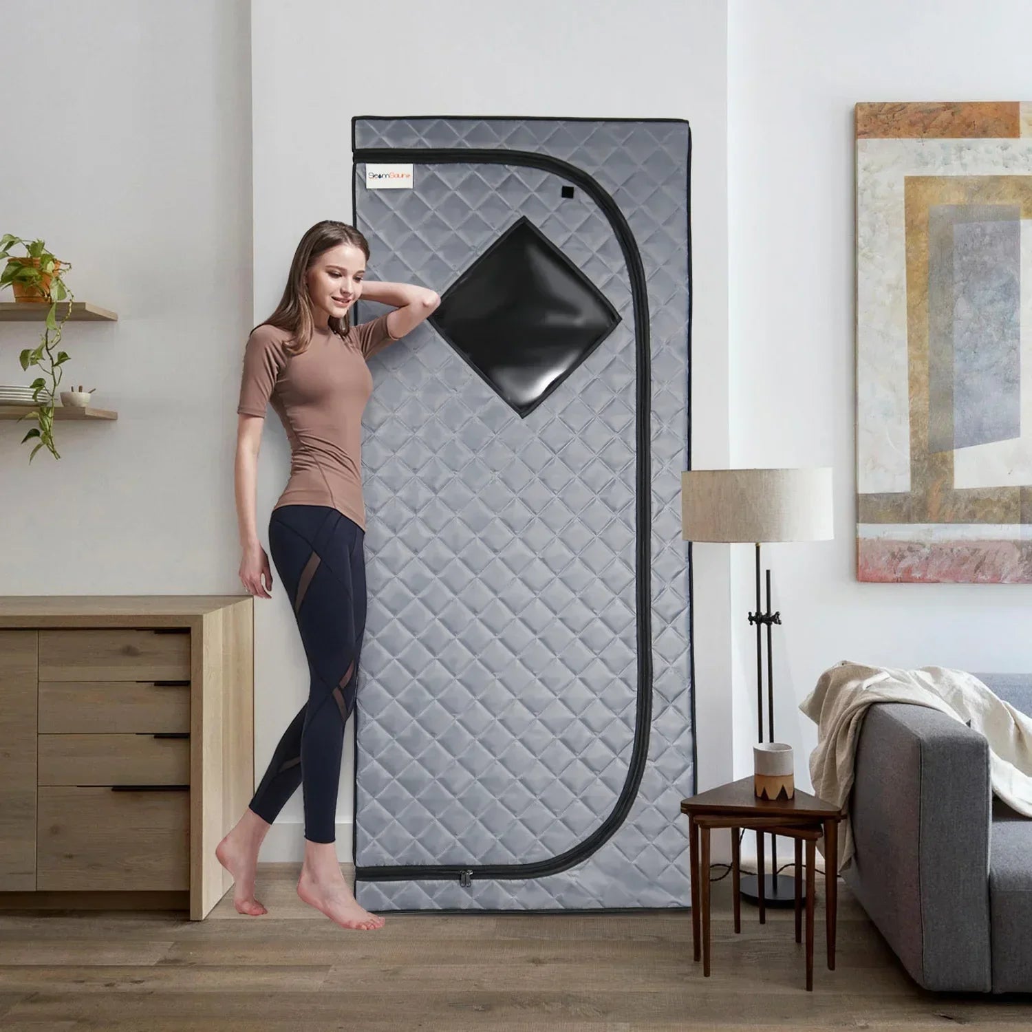 Portable Grey Home Sauna 1500W 4L Steam Pot With Folding Chair & Remote Control