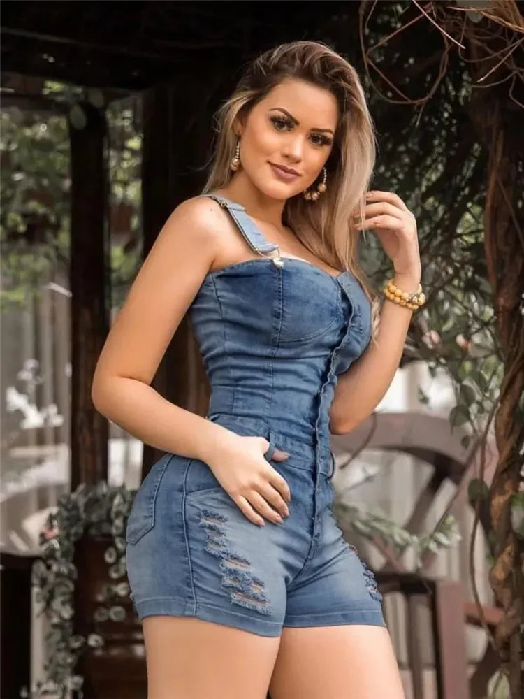 IDress Women Summer Blue Jeans Playsuit Jumpsuits for Women 2023 Combinaison Short Femme Sexy Bodycon Denim Overalls Combishort