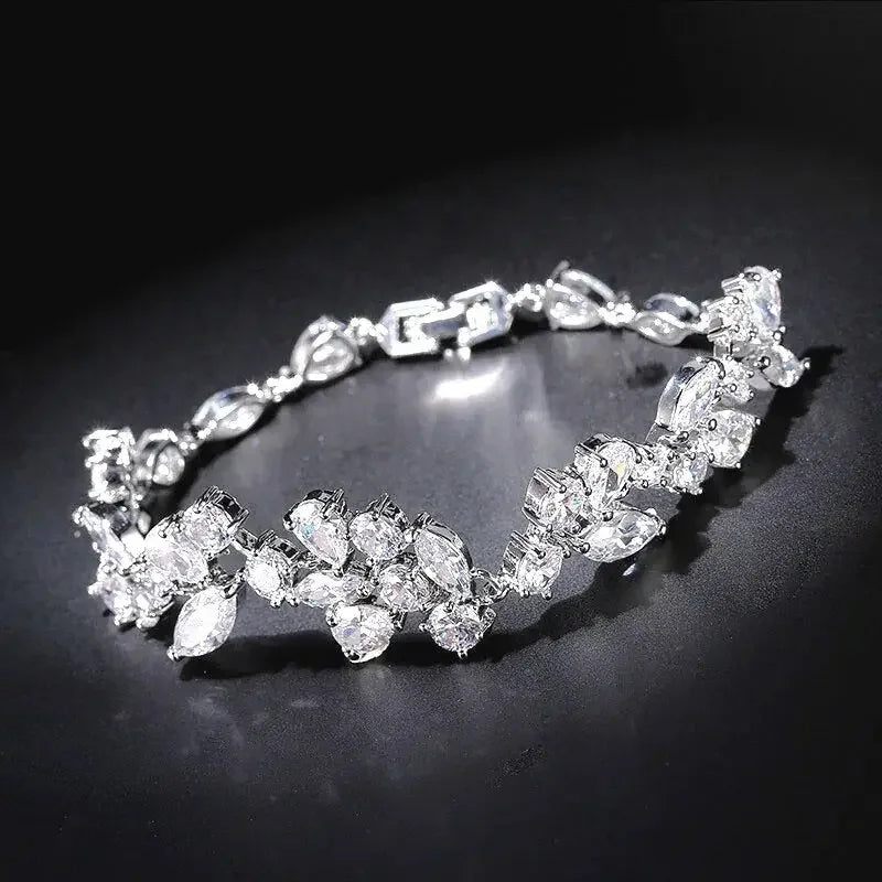 Uilz Luxury Leaf Shaped Bracelet White Gold Color AAA Cubic Zirconia Bracelets Gift for Women Prom Evening Party Jewelry
