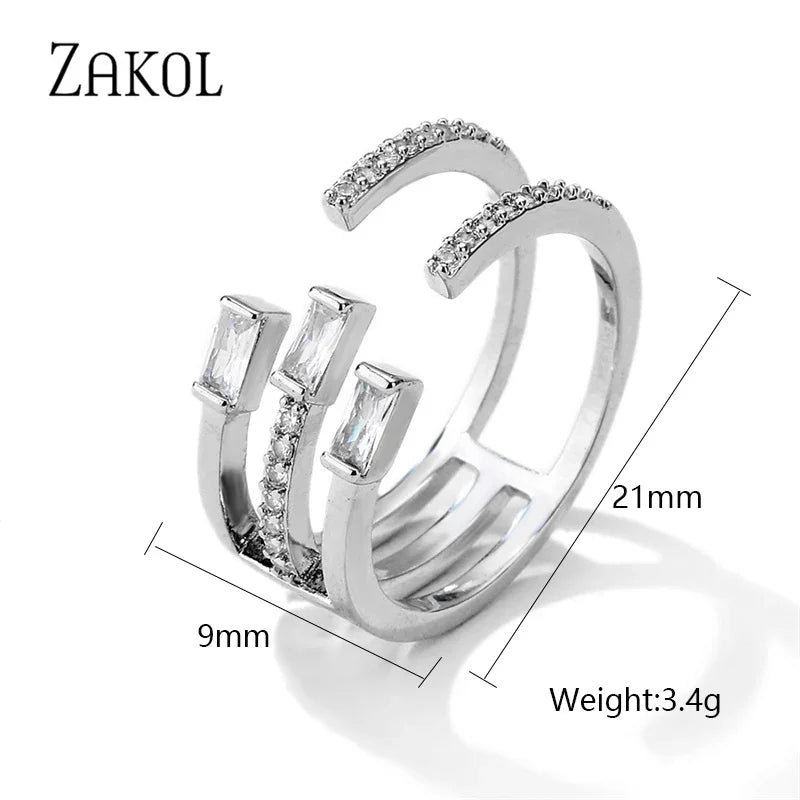 ZAKOL Korea Shiny Cubic Zircon Leaf Shape Open Rings for Women Fashion Geometry Crystal Finger Ring Anillos for Party Jewelry