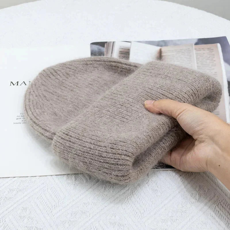 Fashion Warm Skullies Angola Rabbit Fur Winter Knitted Beanies Women Cap Female Three Fold Ski Outdoor Hats