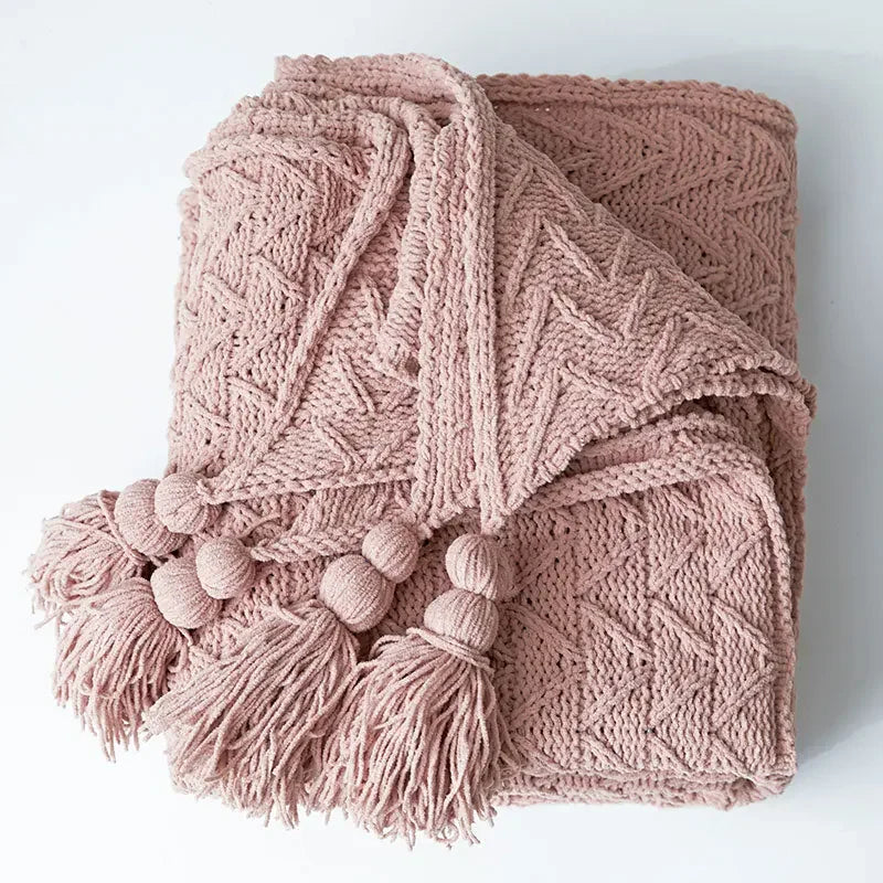 Chunky Knit Chenille Blanket With Pompoms