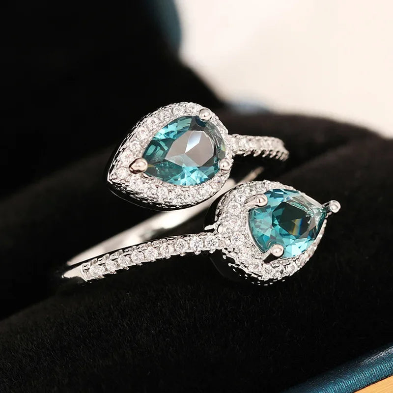 Ocean Eyes 925 Sterling Silver Blue Zircon Adjustable Ring