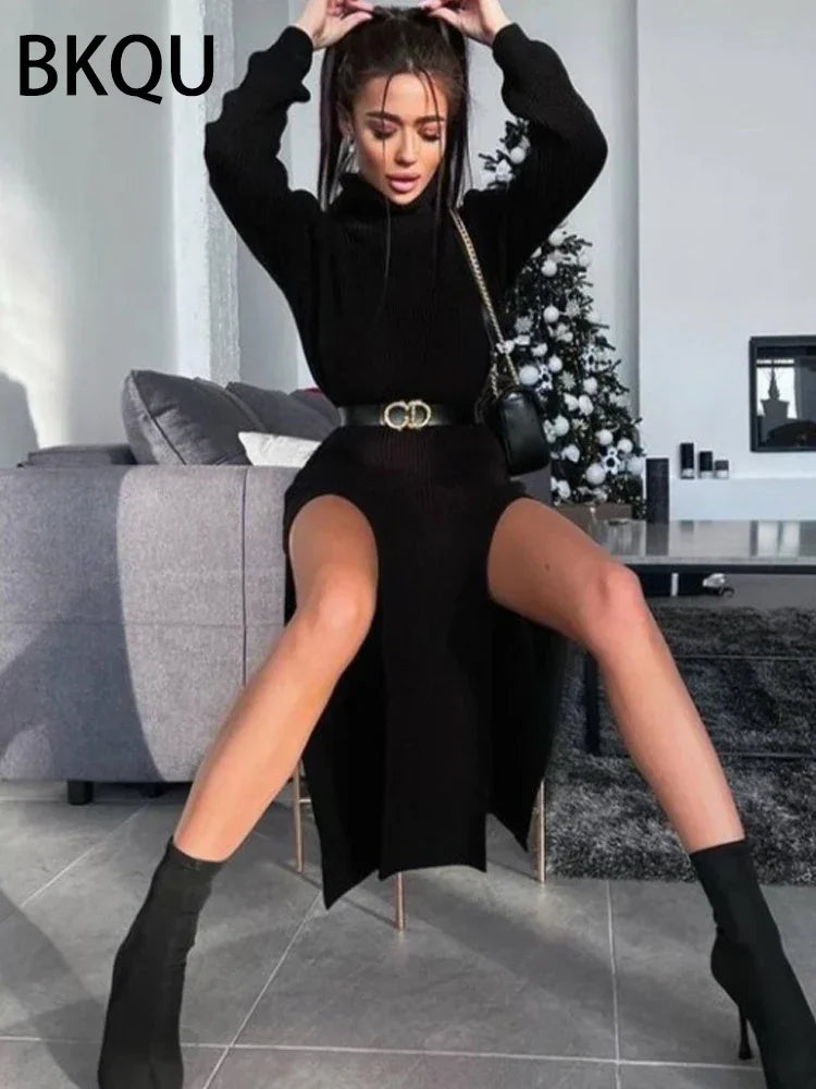 Women's Double Split Ribbed Sweater Midi Dress